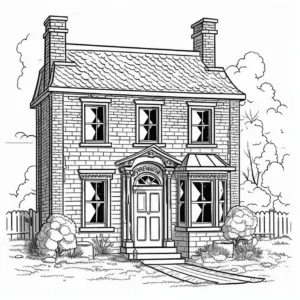 ausmalbild-eines-backsteinhauses-mit-garten