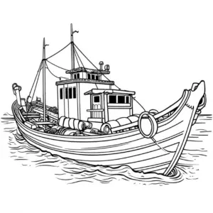 ausmalbild-eines-fischereibootes-mit-fanggeraeten-und-faessern
