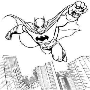 ausmalbild-eines-fliegenden-superhelden-ueber-der-stadt