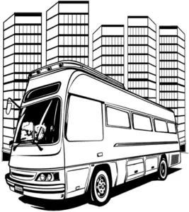 ausmalbild-eines-glaenzenden-busses-vor-modernen-gebaeuden