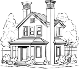 ausmalbild-eines-hauses-mit-garten-und-baeumen