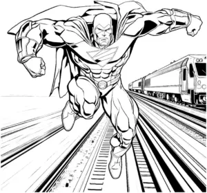 ausmalbild-eines-kraftvollen-superhelden-auf-gleisen