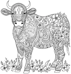 ausmalbild-eines-kunstvoll-verzierten-rindes-mit-blumen