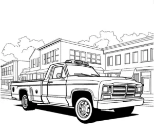 ausmalbild-eines-pick-up-trucks-in-der-stadt