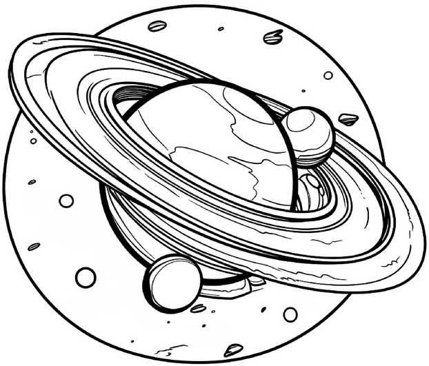 ausmalbild-eines-planeten-mit-ringen-und-monden