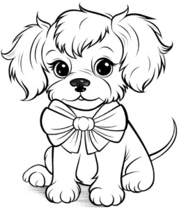 ausmalbild-eines-sueßen-welpen-mit-schleife