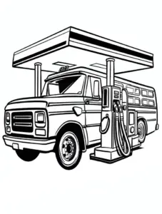ausmalbild-eines-transporters-an-einer-tankstelle