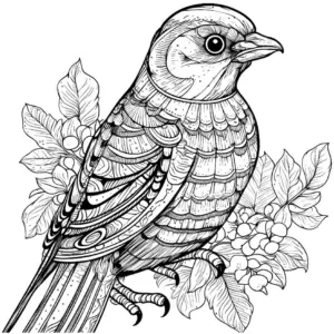 ausmalbild-eines-vogels-mit-pflanzen-und-beeren