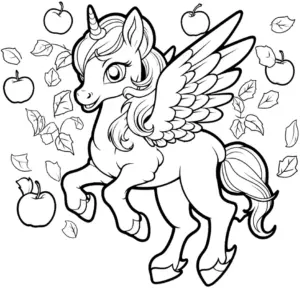 ausmalbild-einhorn-aepfel-blatt-natur-fantasy-pferd