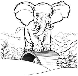 ausmalbild-elefant-auf-einer-bruecke-mit-bergen