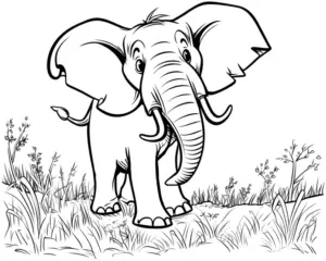 ausmalbild-elefant-auf-wiese-mit-pflanzen