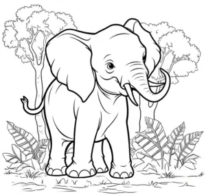 ausmalbild-elefant-im-wald-mit-baeumen-und-pflanzen