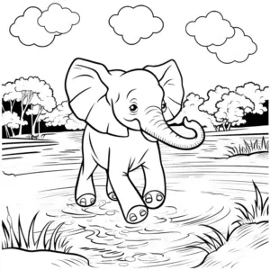 ausmalbild-elefant-im-wasser-mit-baeumen-und-wolken