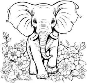 ausmalbild-elefant-in-blumenlandschaft