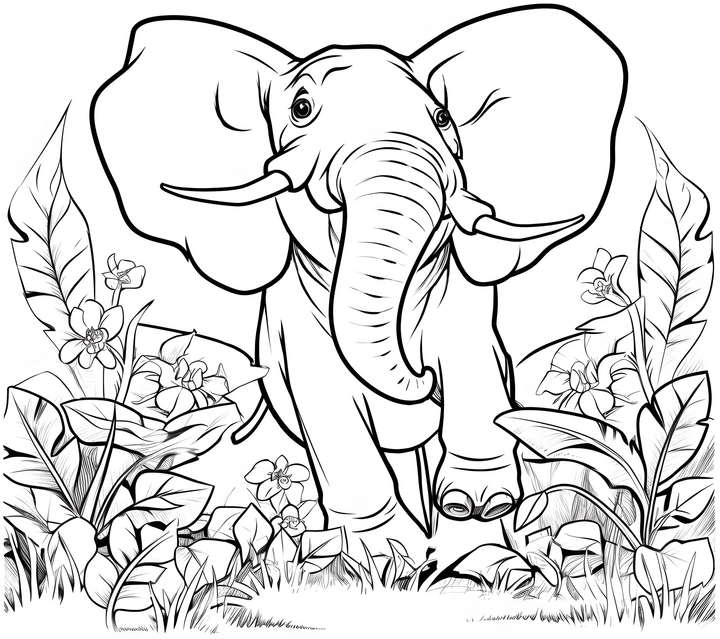 ausmalbild-elefant-in-pflanzenwelt