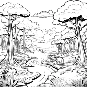 ausmalbild-elefanten-am-fluss-im-wald