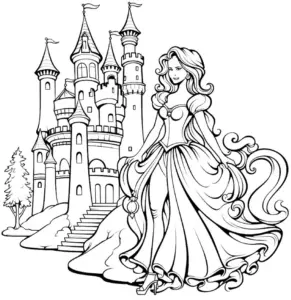 ausmalbild-elegante-frau-vor-festungsburg