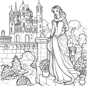 ausmalbild-elegante-monarchin-vor-schloss