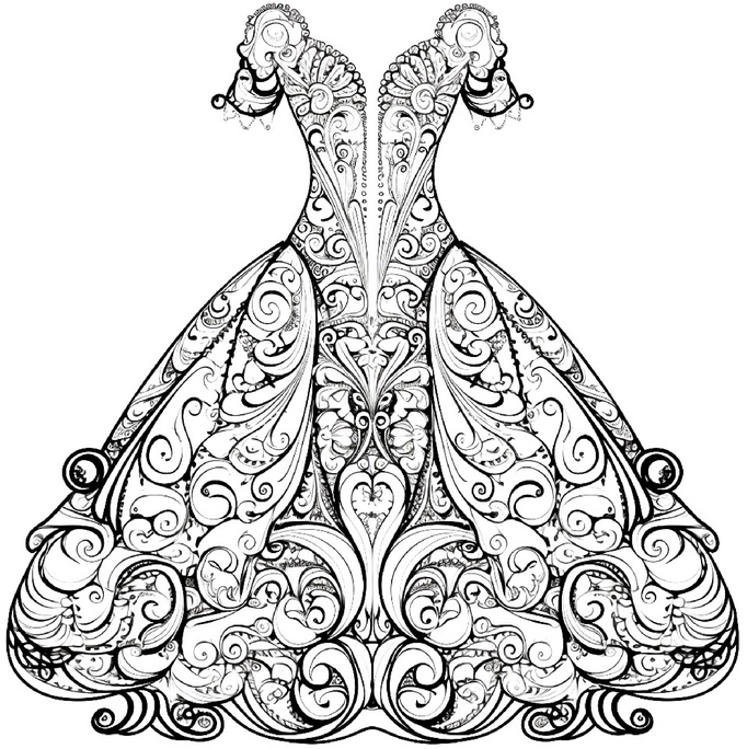 ausmalbild-elegantes-kleid-mit-filigranen-mustern