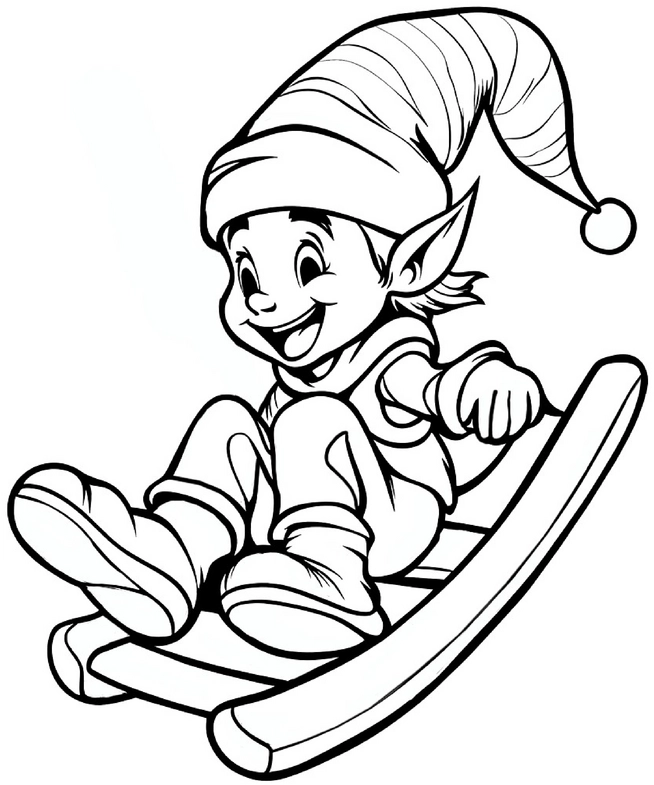 ausmalbild-elf-auf-schlitten-im-winter