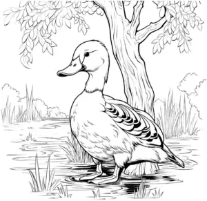 ausmalbild-ente-am-teich-mit-baum