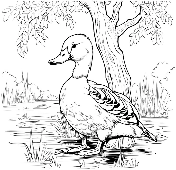 ausmalbild-ente-am-teich-mit-baum