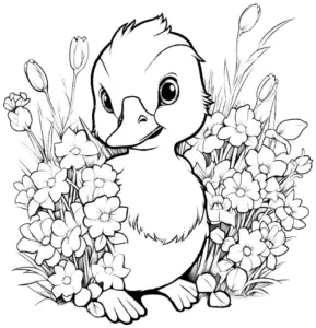 ausmalbild-entenkueken-in-bunten-blumen