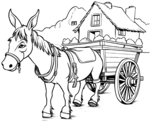 ausmalbild-esel-mit-wagen-vor-laendlichem-haus