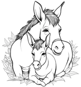 ausmalbild-esel-und-fohlen-in-natuerlicher-umgebung