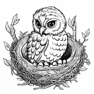 ausmalbild-eule-im-nest-aeste-und-blaetter