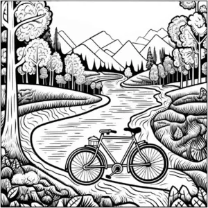 ausmalbild-fahrrad-am-fluss-mit-bergen