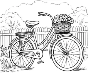ausmalbild-fahrrad-mit-blumenkorb-vor-holzzaun