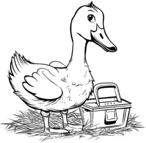 ausmalbild-federgans-mit-werkzeugkasten-auf-stroh