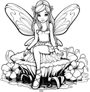 ausmalbild-fee-auf-bluetenblatt-mit-fluegeln