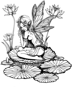 ausmalbild-fee-auf-seerosenblatt-mit-blumen