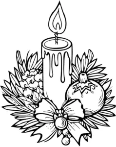 ausmalbild-festliche-kerze-mit-weihnachtsdekoration
