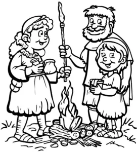 ausmalbild-feuerstelle-mit-menschen-in-der-steinzeit