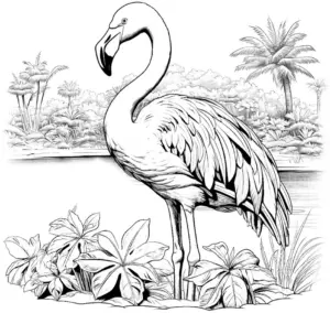 ausmalbild-flamingo-in-natur-mit-pflanzen