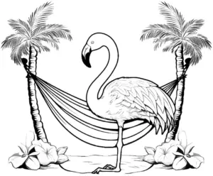 ausmalbild-flamingo-mit-palmen-und-haengematte