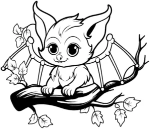 ausmalbild-fledermaus-auf-ast-mit-blaettern