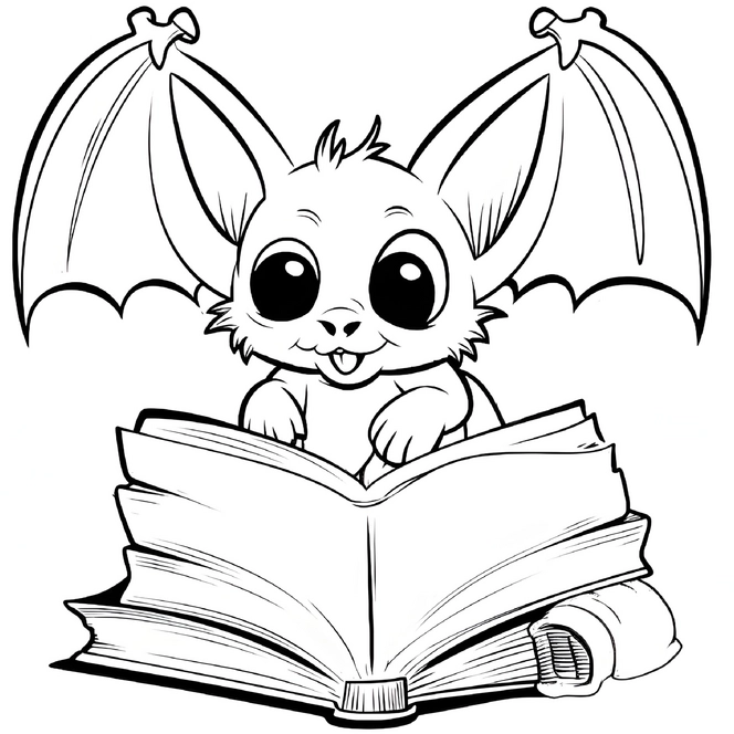 ausmalbild-fledermaus-ueber-buch