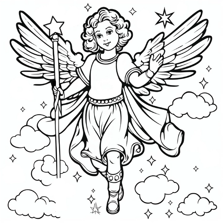 ausmalbild-fliegender-engel-mit-fluegeln-und-wolken