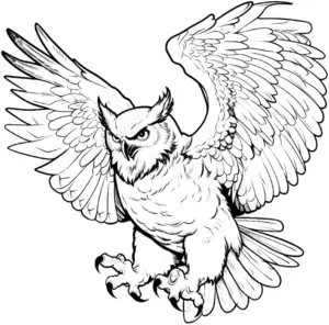 ausmalbild-fliegender-uhu-mit-ausgebreiteten-fluegeln