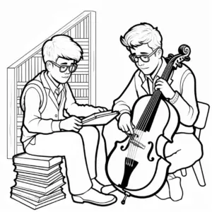 ausmalbild-freunde-beim-musizieren-in-der-bibliothek