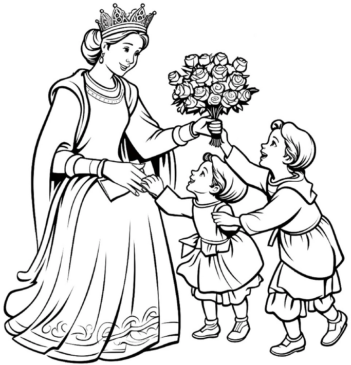 ausmalbild-freundliche-koenigin-mit-kindern