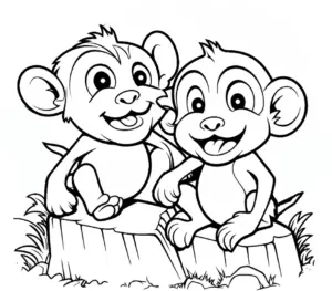 ausmalbild-froehliche-affen-auf-einem-holzblock