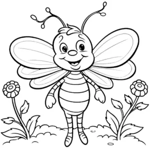 ausmalbild-froehliche-biene-mit-blumen
