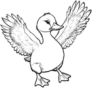 ausmalbild-fröhliche-ente-mit-ausgebreiteten-flügeln