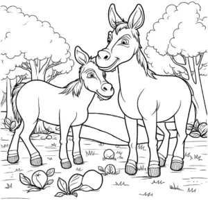 ausmalbild-froehliche-esel-in-natur