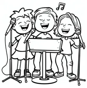 ausmalbild-froehliche-kinder-beim-singen-mit-mikrofonen